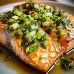 Miso Butter Salmon with Sizzled Scallion Salsa Verde