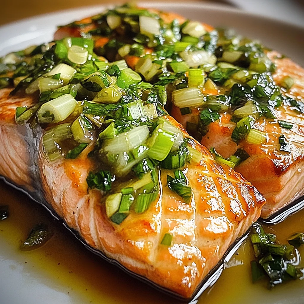 Miso Butter Salmon with Sizzled Scallion Salsa Verde