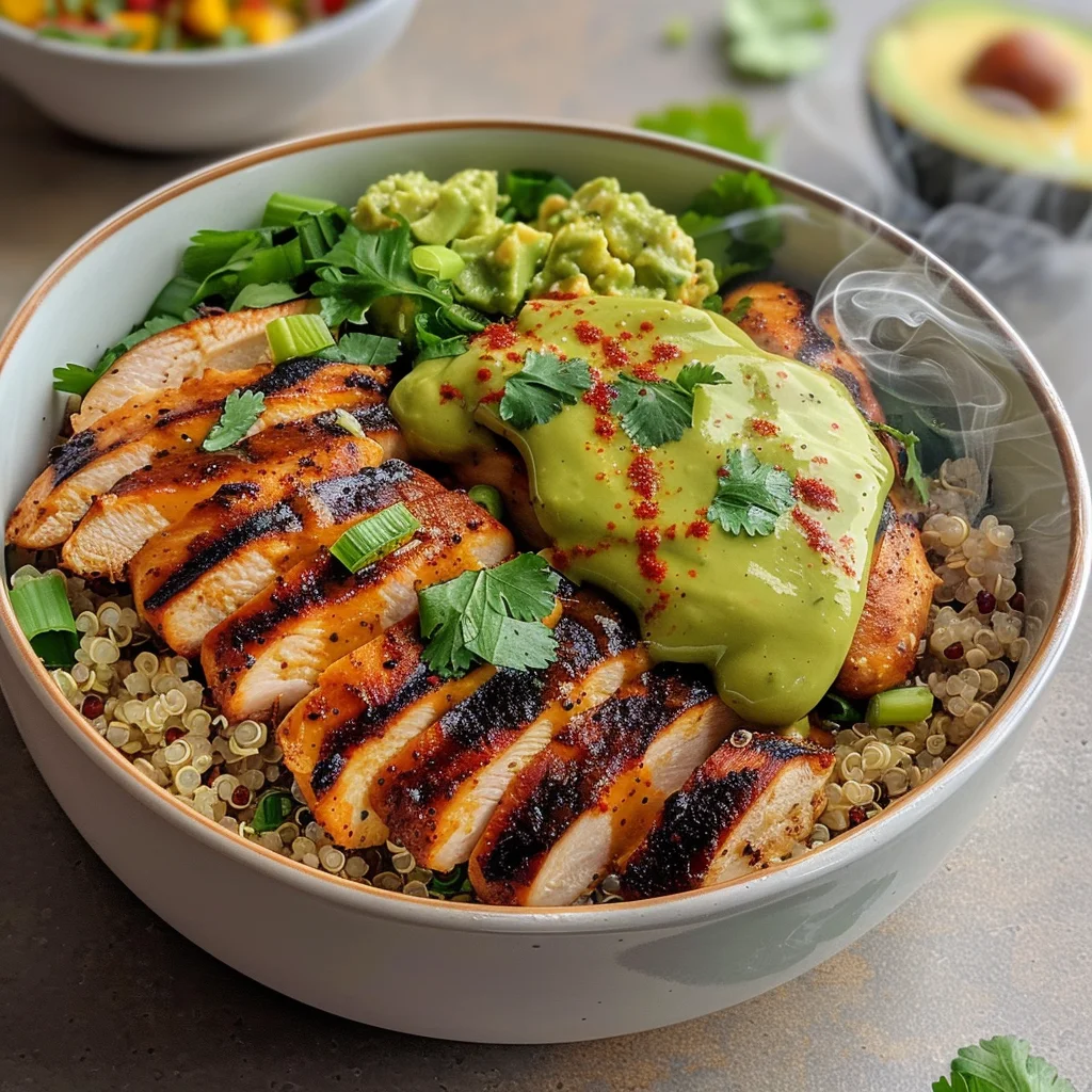 Grilled Chicken Quinoa Bowls with Avocado Sauce Delight!