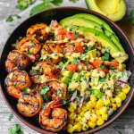 Grilled Shrimp Bowl with Avocado, Corn Salsa & Creamy Garlic Sauce