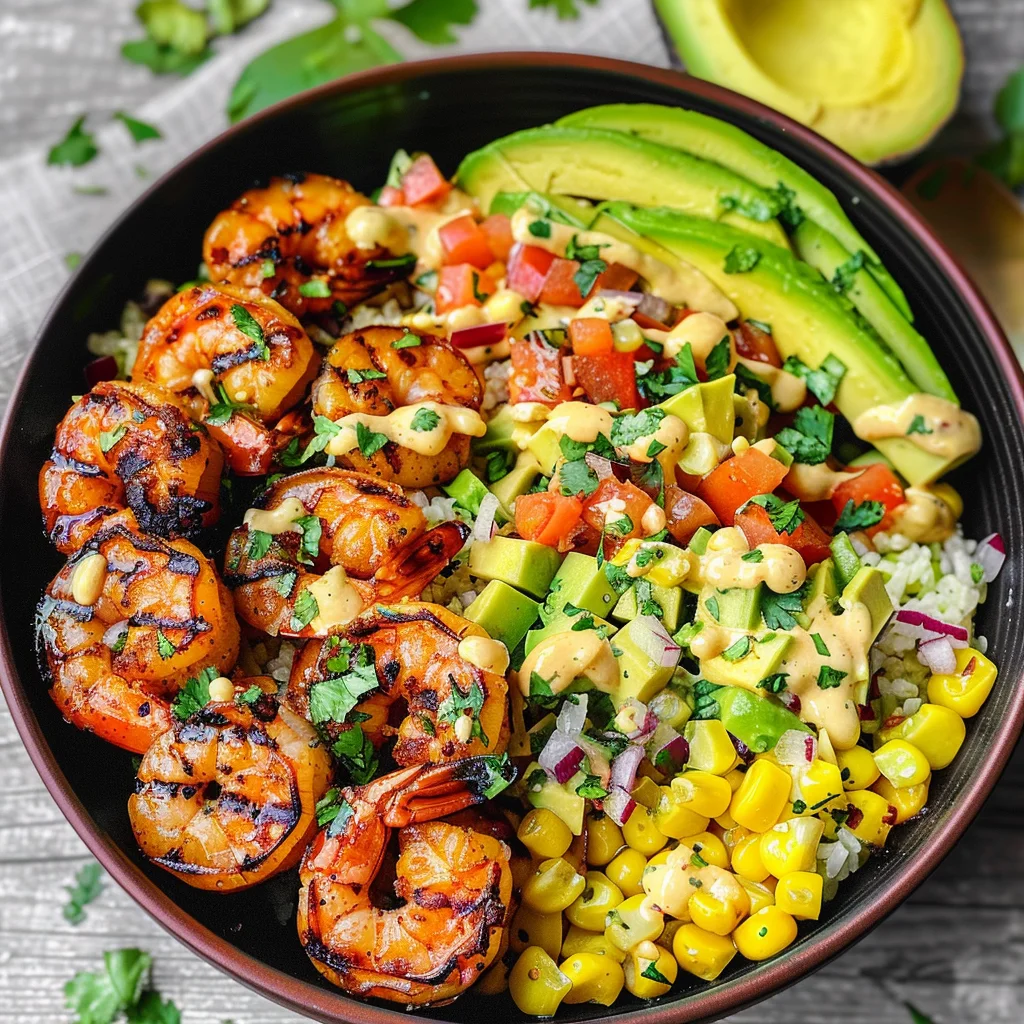 Grilled Shrimp Bowl with Avocado, Corn Salsa & Creamy Garlic Sauce