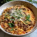 Ground Beef Orzo with Tomato Cream Sauce and Fresh Basil