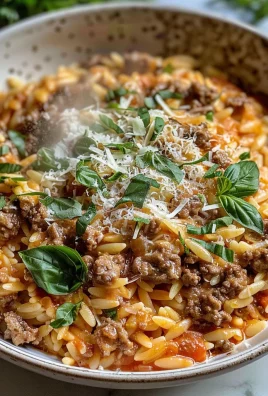 Ground Beef Orzo with Tomato Cream Sauce and Fresh Basil