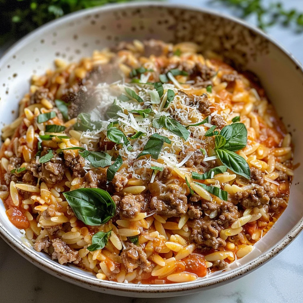 Ground Beef Orzo with Tomato Cream Sauce and Fresh Basil