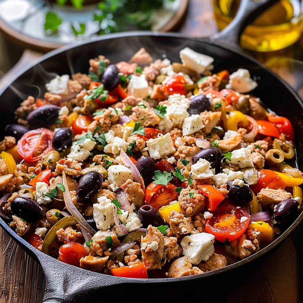Mediterranean Keto Ground Chicken Skillet with Olives and Feta