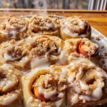 Peach Cobbler Cinnamon Rolls with Crumb Topping