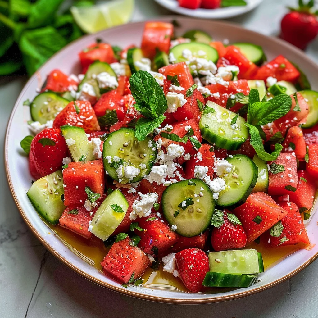 Watermelon Cucumber Salad with Strawberries and Feta