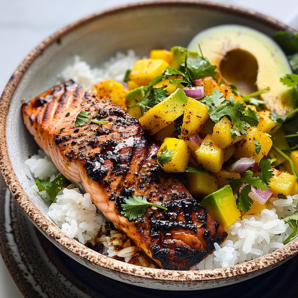 BBQ Salmon Bowls with Mango Avocado Salsa