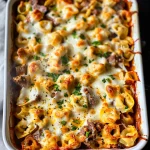 Golden Cheese Steak Tortellini Casserole