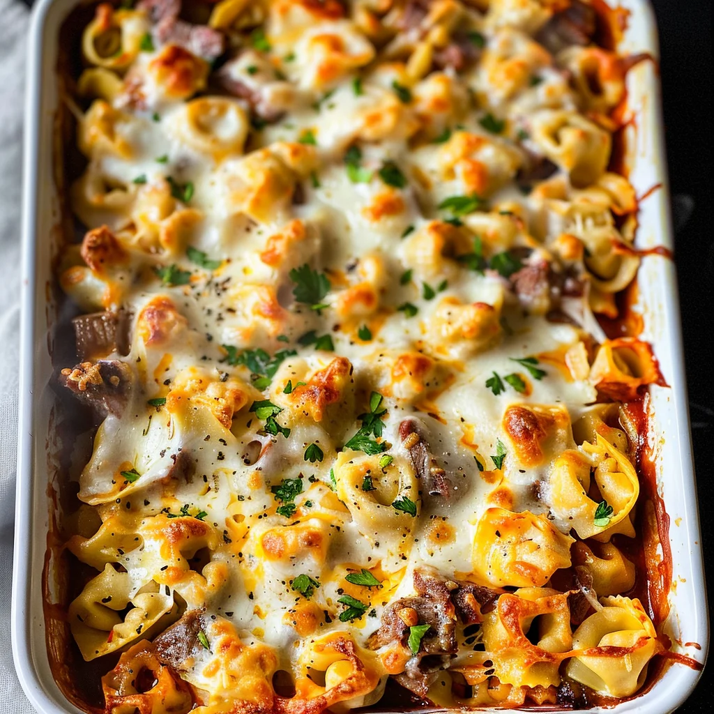 Golden Cheese Steak Tortellini Casserole