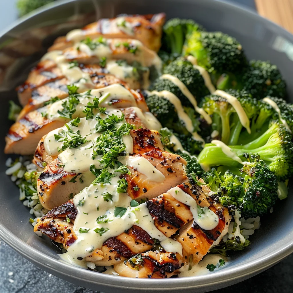 Grilled Chicken & Broccoli Bowls with Creamy Garlic Sauce