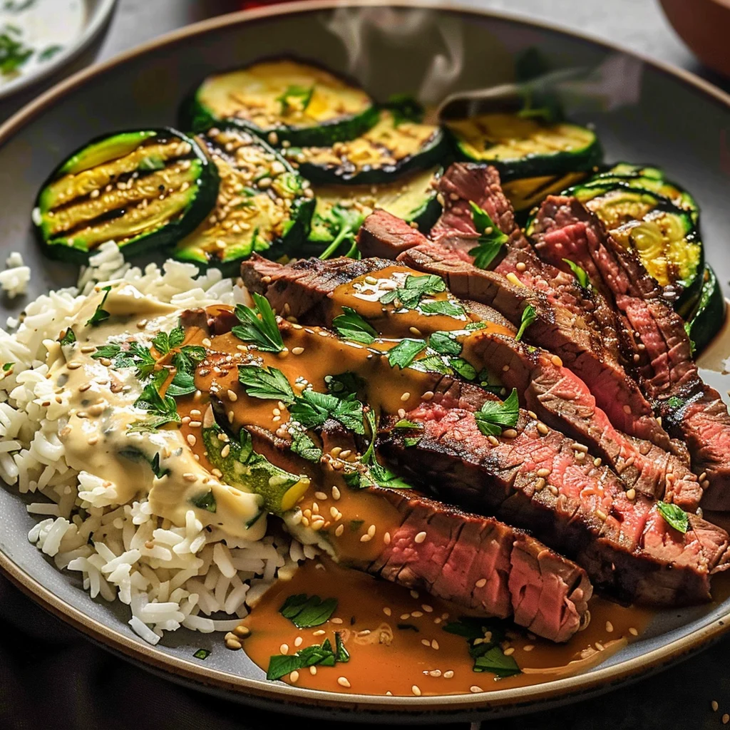 Grilled Steak Bowl with Creamy Sauce & Grilled Zucchini