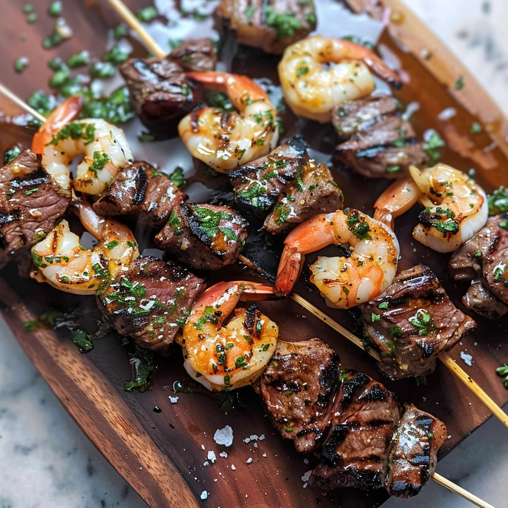 Grilled Steak and Shrimp Skewers with Garlic Butter
