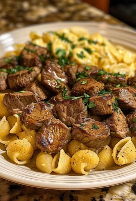 Steak Bites and Shell Pasta in Garlic Butter Alfredo Sauce