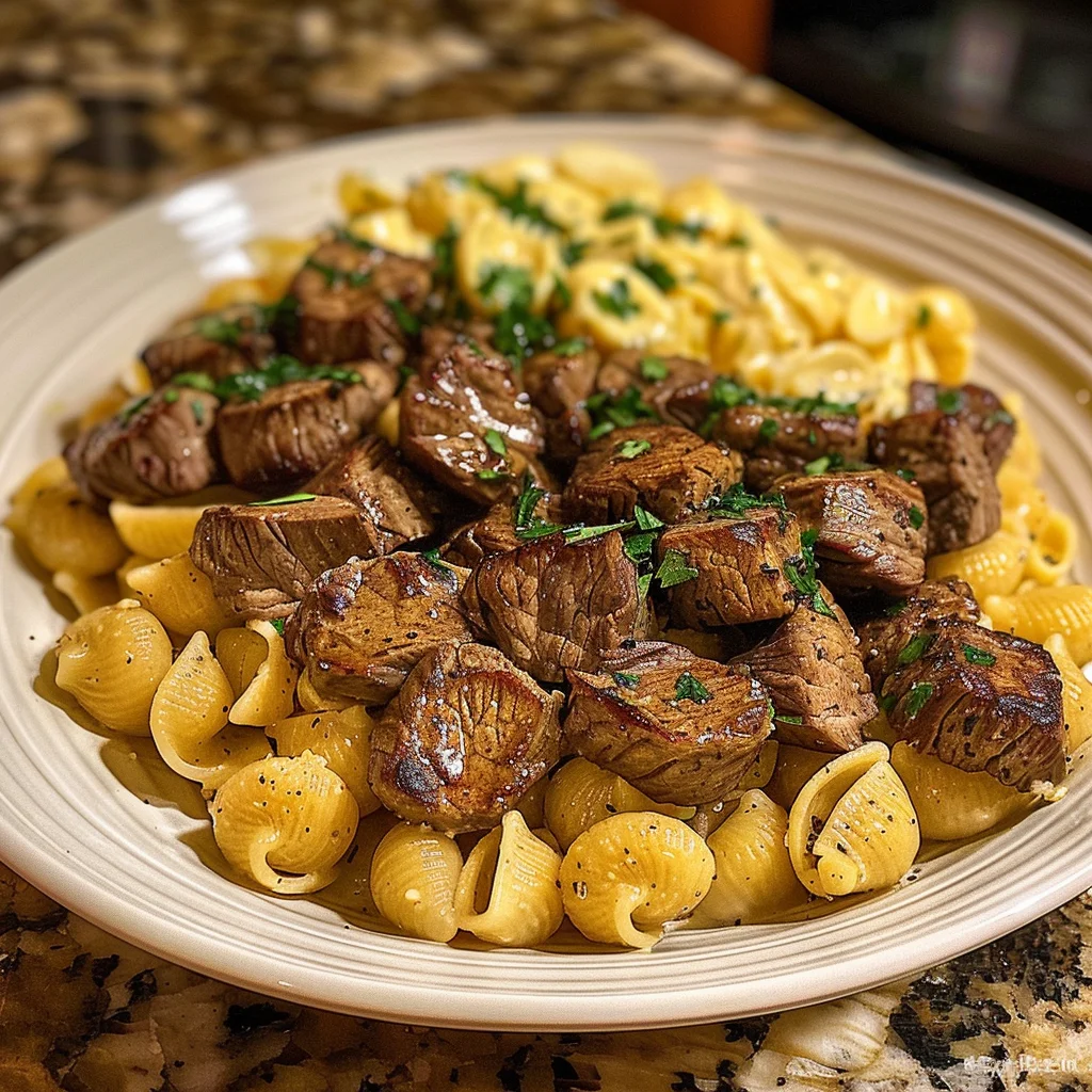 Steak Bites and Shell Pasta in Garlic Butter Alfredo Sauce