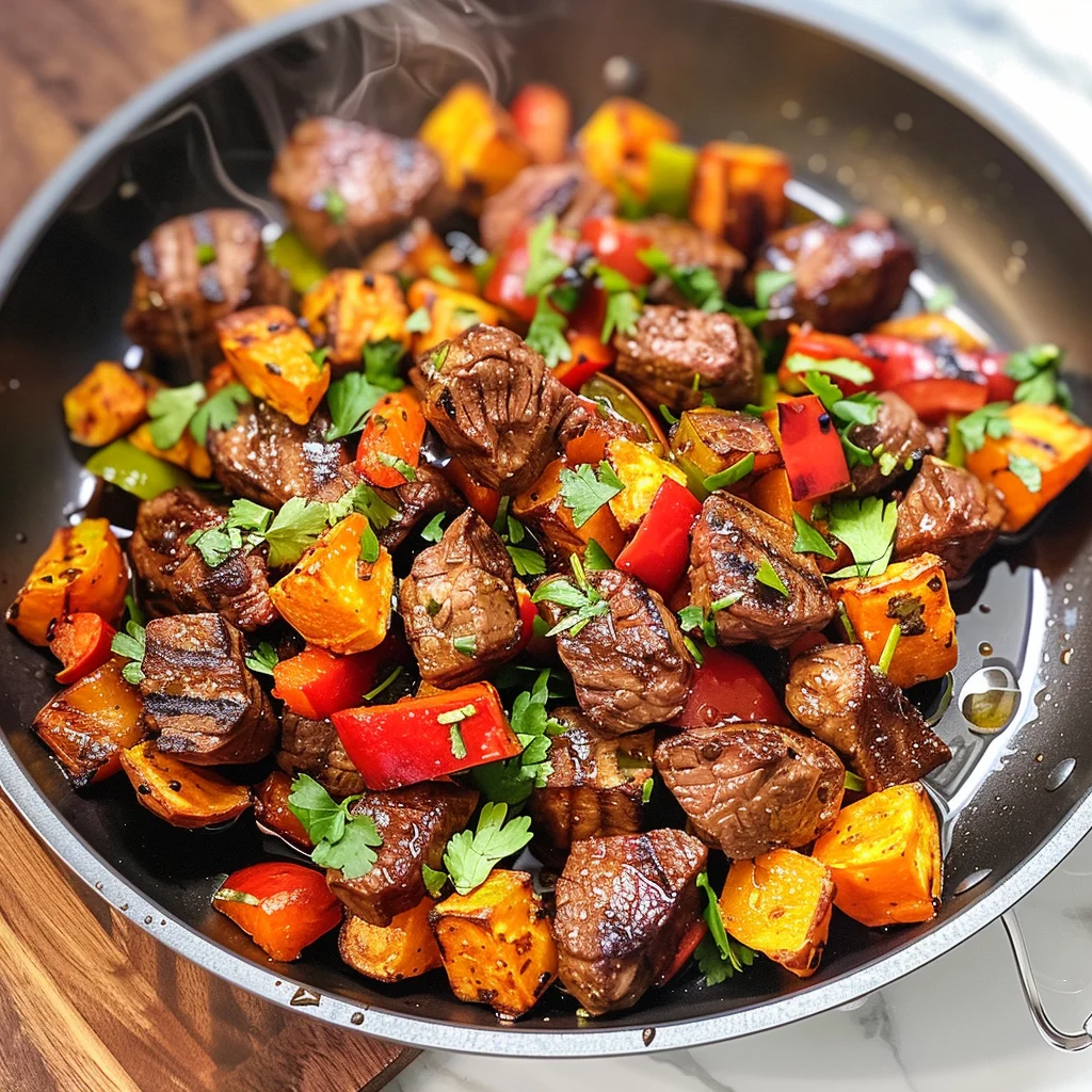 Whole30 Steak Bites with Sweet Potatoes and Peppers