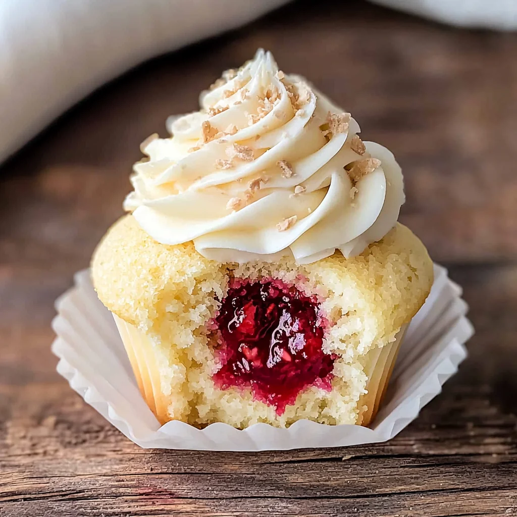 Almond Wedding Cake Cupcakes with Raspberry Filling