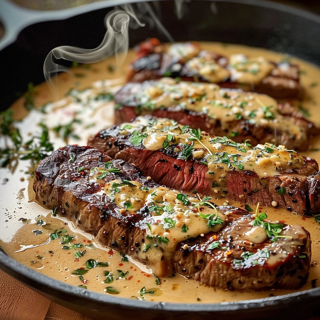 Cast Iron Bavette Steak with Whiskey Garlic Cream Sauce