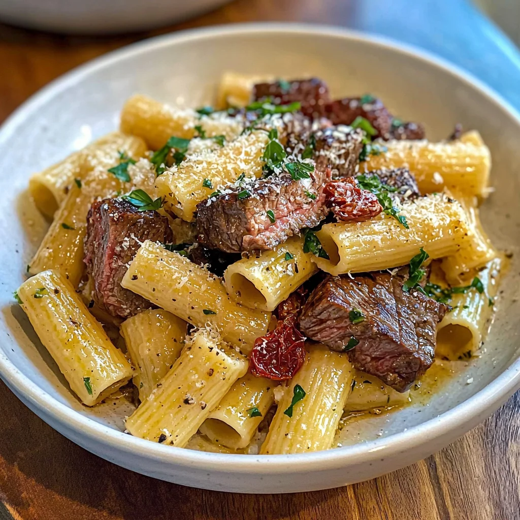 Garlic Butter Steak Tips with Cheesy Rigatoni