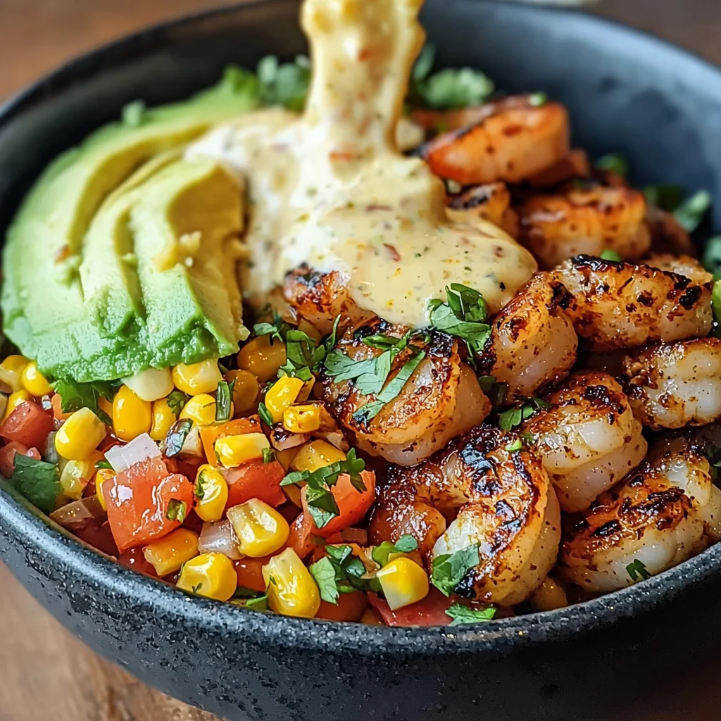 Grilled Shrimp Bowl with Avocado, Corn Salsa & Creamy Garlic Sauce: An Incredible 7-Ingredient Recipe