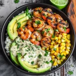 Grilled Shrimp Bowl with Avocado, Corn Salsa & Creamy Sauce